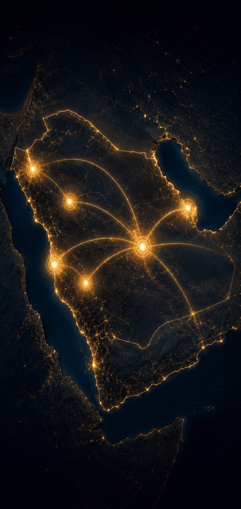Digital map of Saudi Arabia with gold markers on major cities including Riyadh, Jeddah, Dammam, Mecca, Medina, Tabuk and NEOM showing Elite Infotech LED screen installation coverage