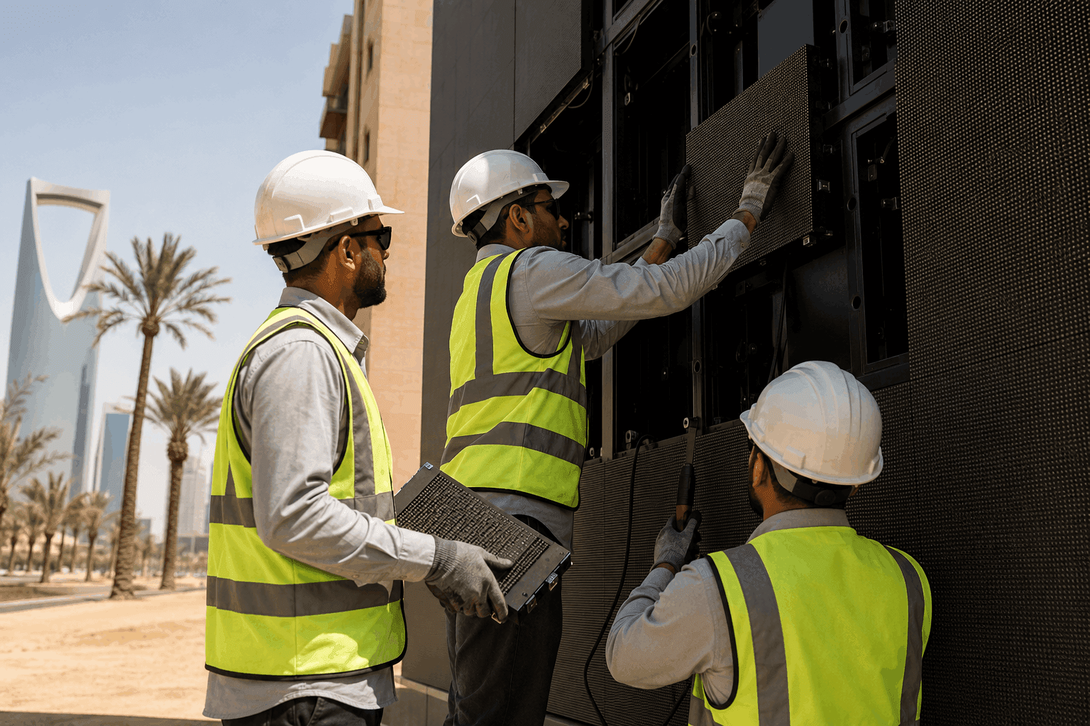Elite Infotech LED screen installation engineers in safety vests mounting an outdoor LED display panel in Saudi Arabia